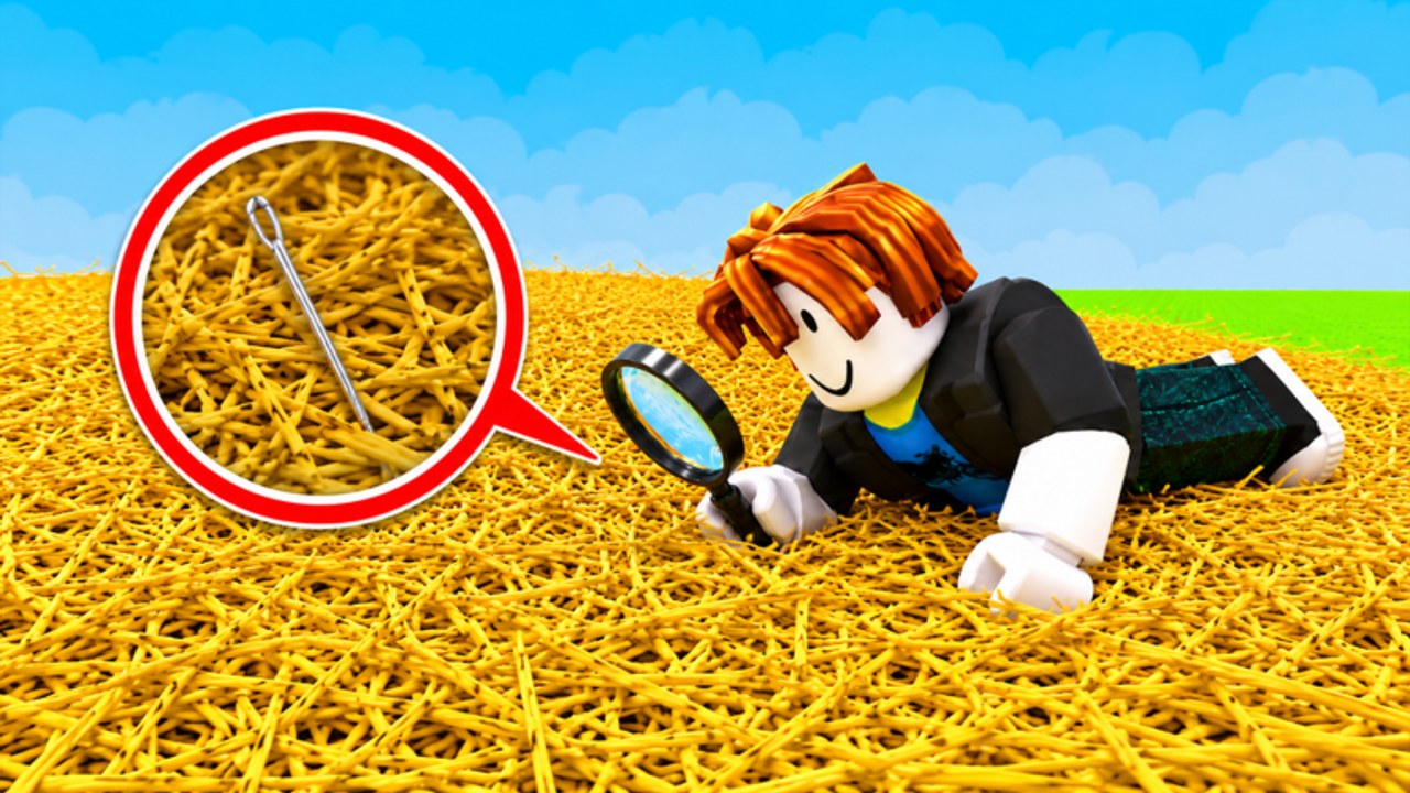 Roblox avatar lying on a field of hay with a magnifying glass while a silver needle is highlighted in a close-up bubble