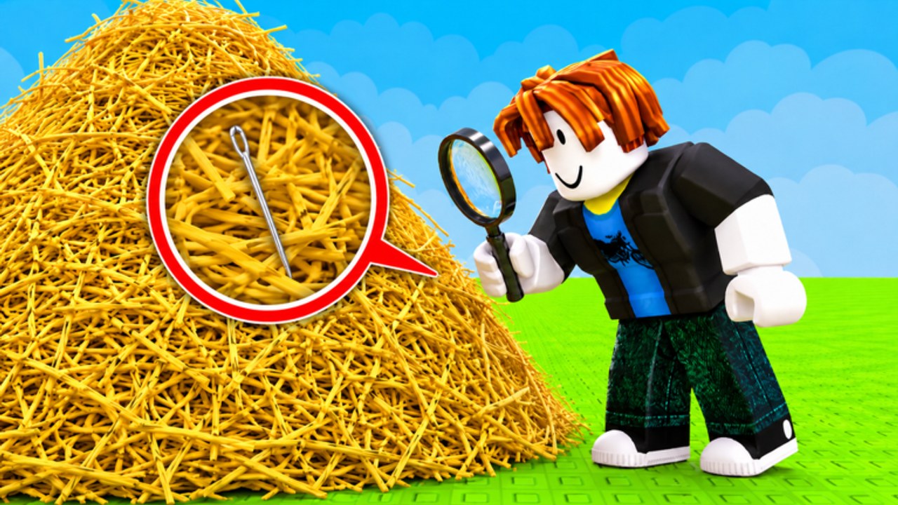 Roblox avatar standing beside a tall haystack with a magnifying glass and a needle callout in Search For The Needle